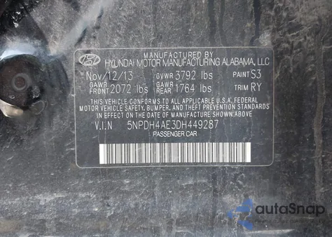 2013 Hyundai Elantra Limited z USA, uszkodzony, nr VIN 5NPDH4AE3DH449287